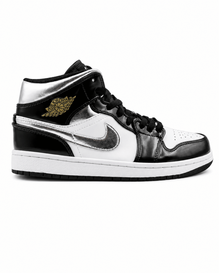 Air Jordan 1 Mid SE Patent Black White Metallic Silver